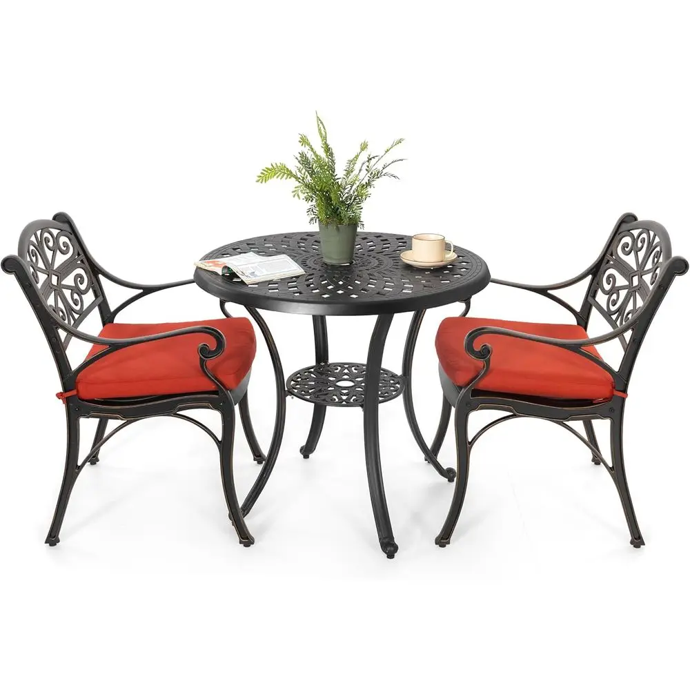 

Набор для бистро на открытом воздухе с красной подушкой и отверстием для зонта для патио, крыльца или у бассейна черного цвета