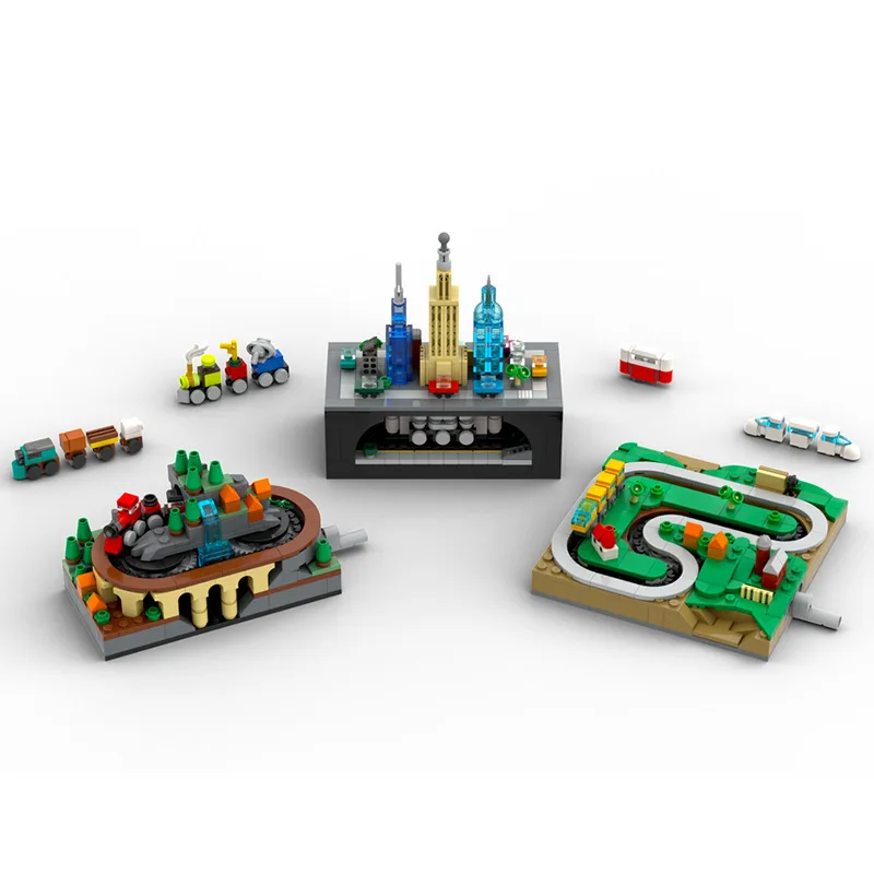 MOC Handbetriebener Beweglicher Mini-Landstraßen-Eisenbahnzug Kreative Bausteine Stadt-Bausatz Modell-Ziegelstein-Spielzeug