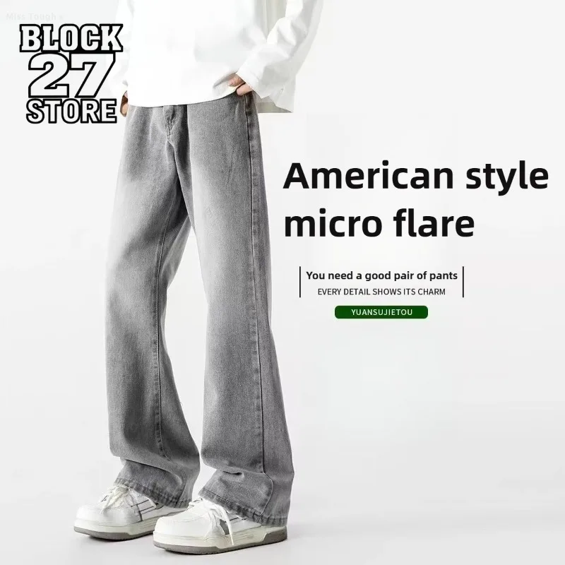 

Мужские джинсы Harajuku в стиле ретро, синие тонкие расклешенные джинсовые брюки, осень-зима, уличные брюки с эластичной резинкой на талии, повседневный модный стиль, новинка