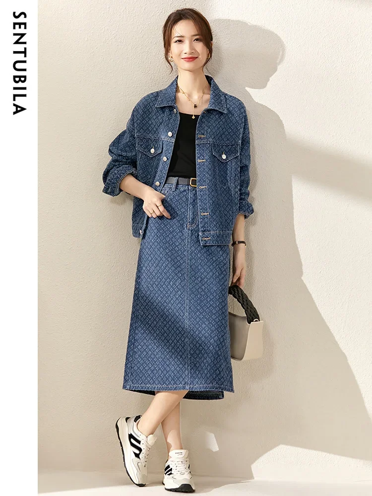 SENTUBILA 2024 Autumn Jacquard Denim 2 Piece Sets for Women Outfit Short Jean Jacket Split Midi Skirt Matching Sets W43Z45782X