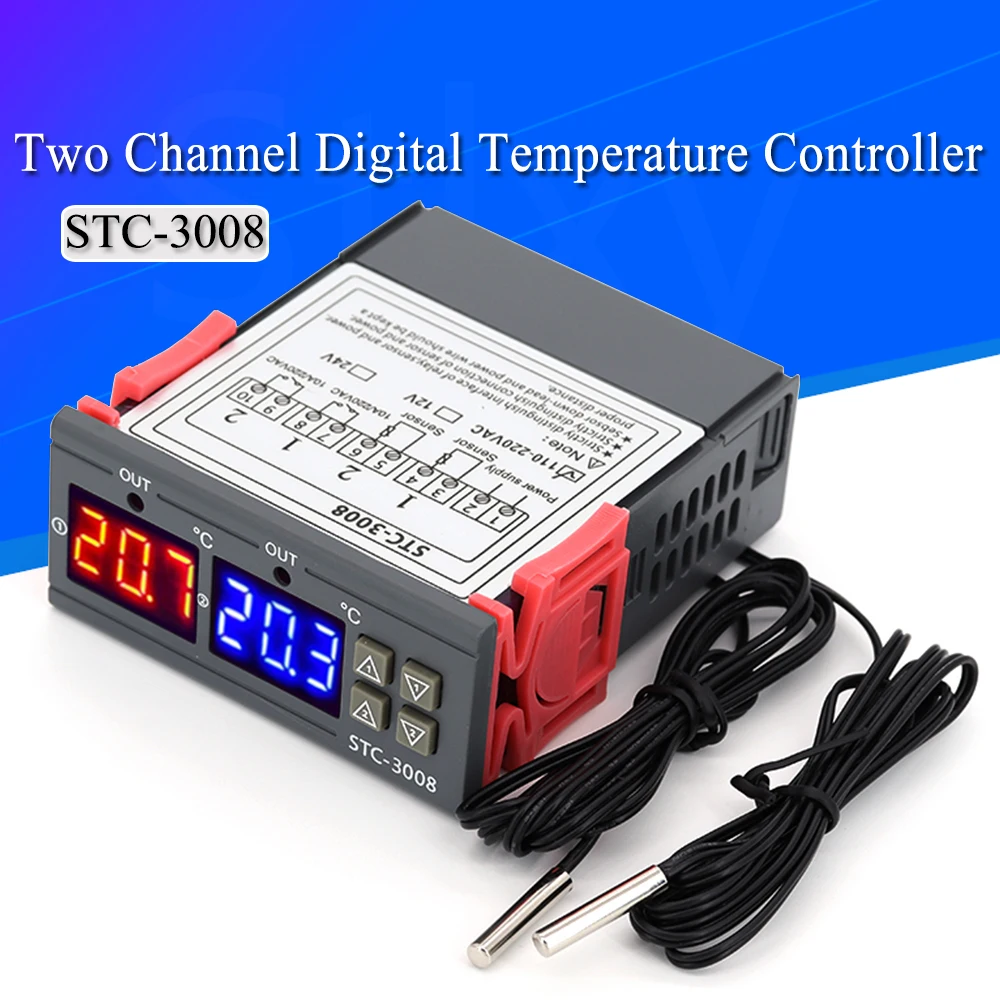 Dual Digital Temperature Controller Two Relay Output Thermostat Thermoregulator 10A Heating Cooling STC-3008 12V 24V 220V