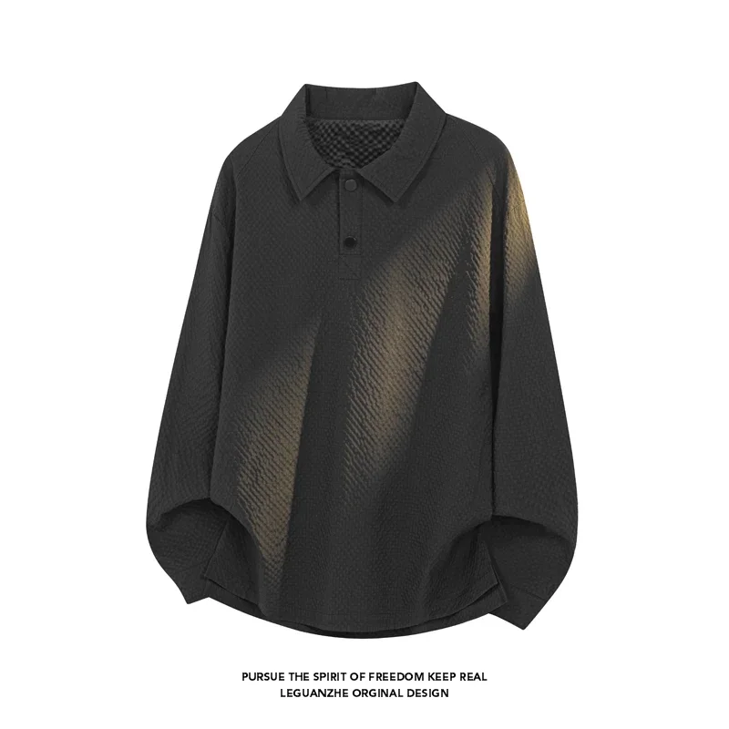 Men Oversized Cropped Long Sleeve Polo Top Half Button Lapel Collar Bubble Texture For Street Fashion And Daily Commute Usage