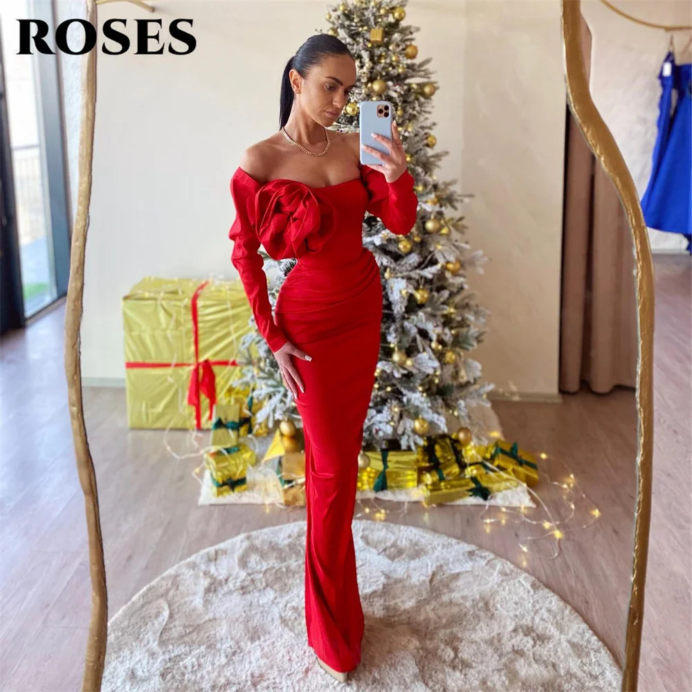 ROSES-Robe de soirée en satin sans bretelles avec fleur, robe de Rhfroncée à manches longues, robe trompent rouge