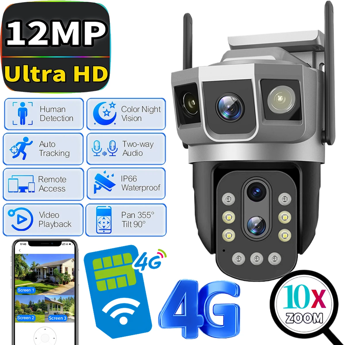 V380 4G Sim Card Camera CCTV 6K 12MP Waterproof Outdoor 10X Zoom 3-Screen Night Vision smart Security Surveillance PTZ Cameras