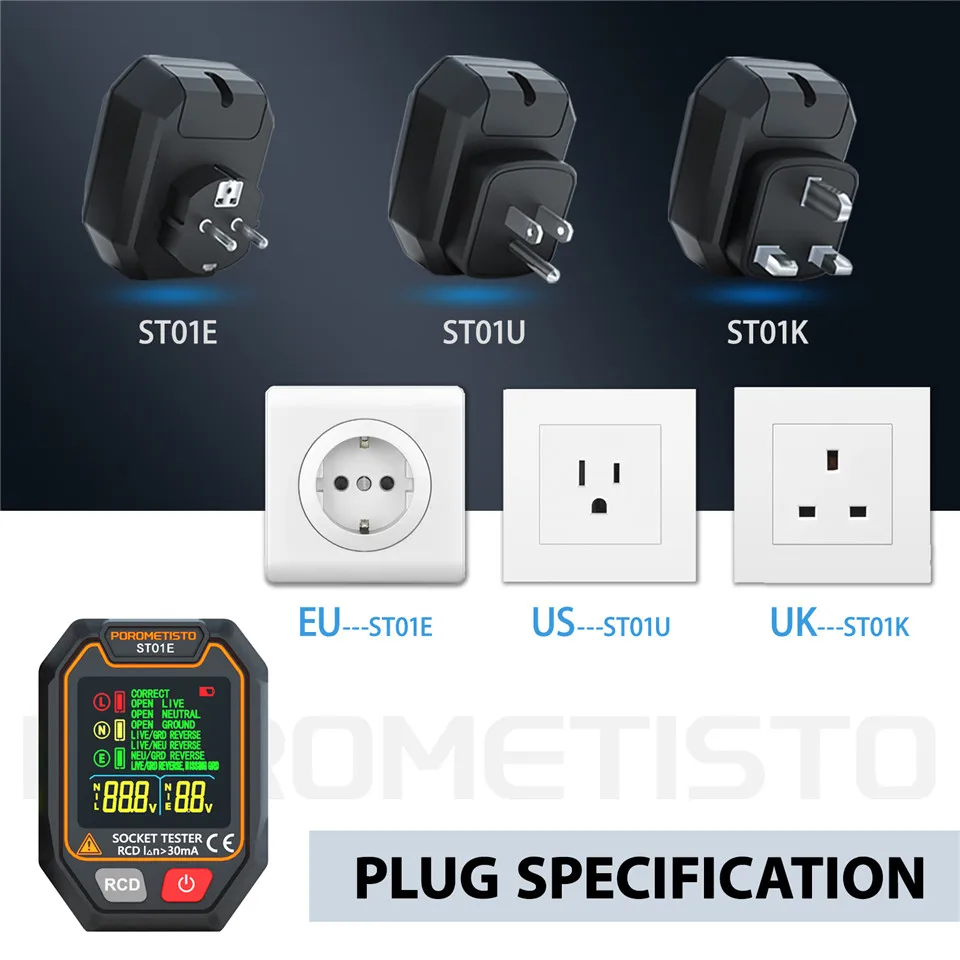 POROMETISTO ST01 Digital Socket Tester with Color Screen UK/EU/US Circuit Checker RCD Socket Detector Data Hold Polarity Tester