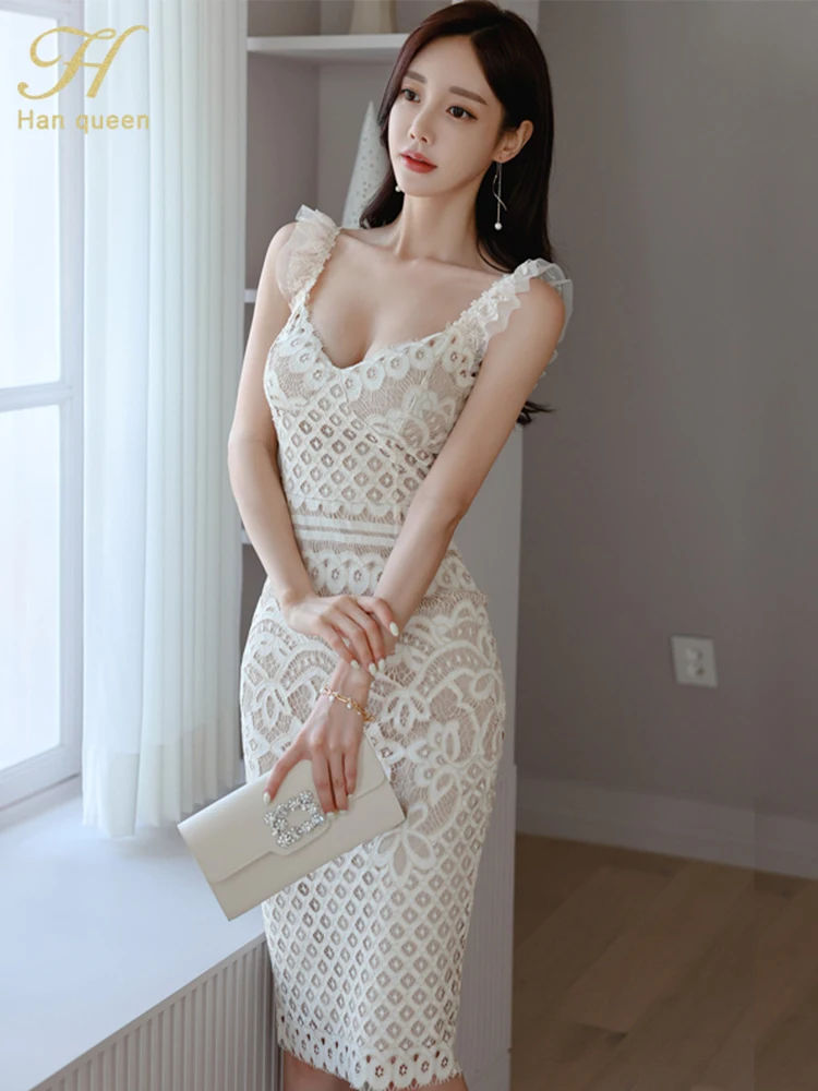 H Han Queen elegante Sexy matita di pizzo vestito aderente da donna scava fuori abiti Vintage semplici tubino OL lavoro abiti bianchi nuovo