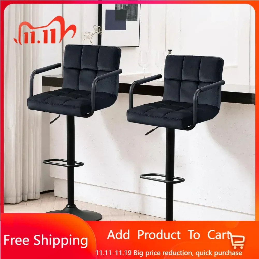 Adjustable Barstools with Back, Black bar stools Set of 2, Velvet 360°Swivel Bar Stools, Double Counter Stools Bar Chairs