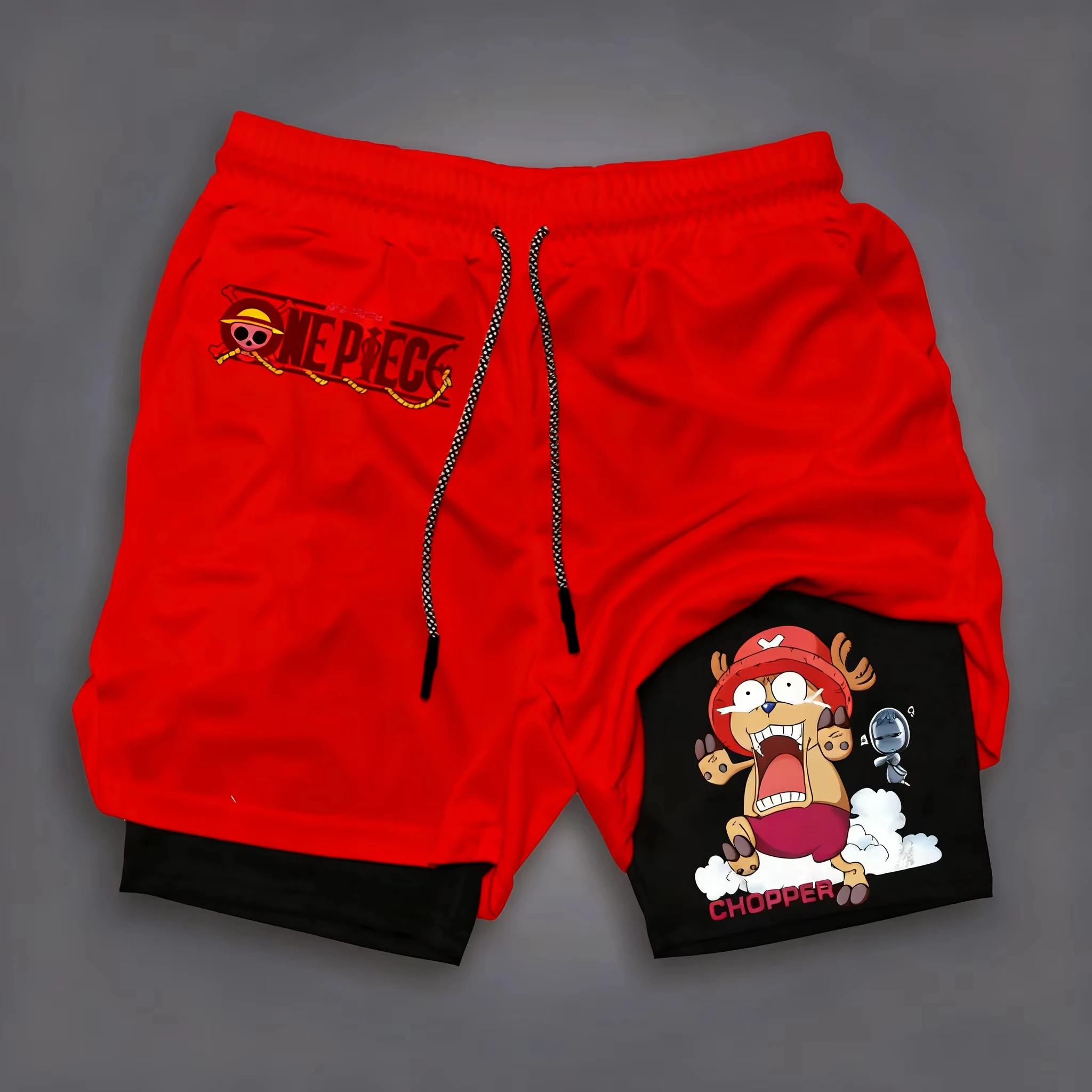 Shorts esportivos em camadas estilo anime One Piece adequados para treinamento e fitness para unissex de secagem rápida e confortável