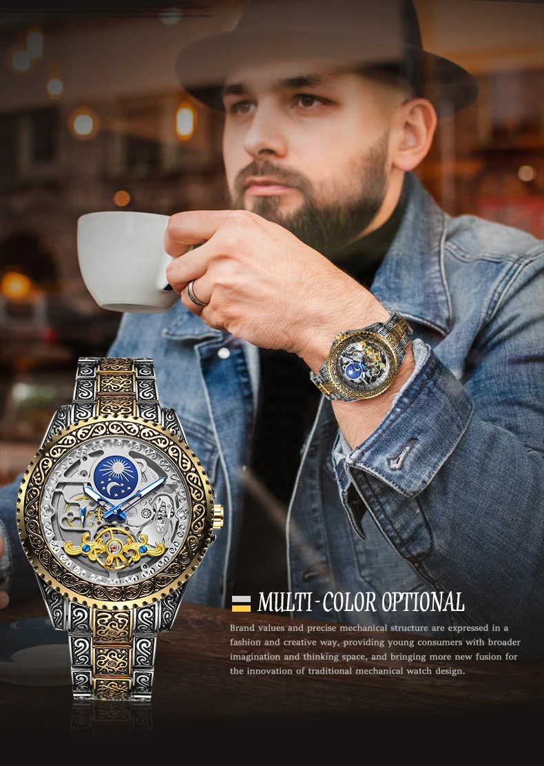 FORSINING ヴィンテージ彫刻メンズ腕時計ムーンフェイズ自動スケルトン機械式発光高級ステンレス鋼ファッション腕時計