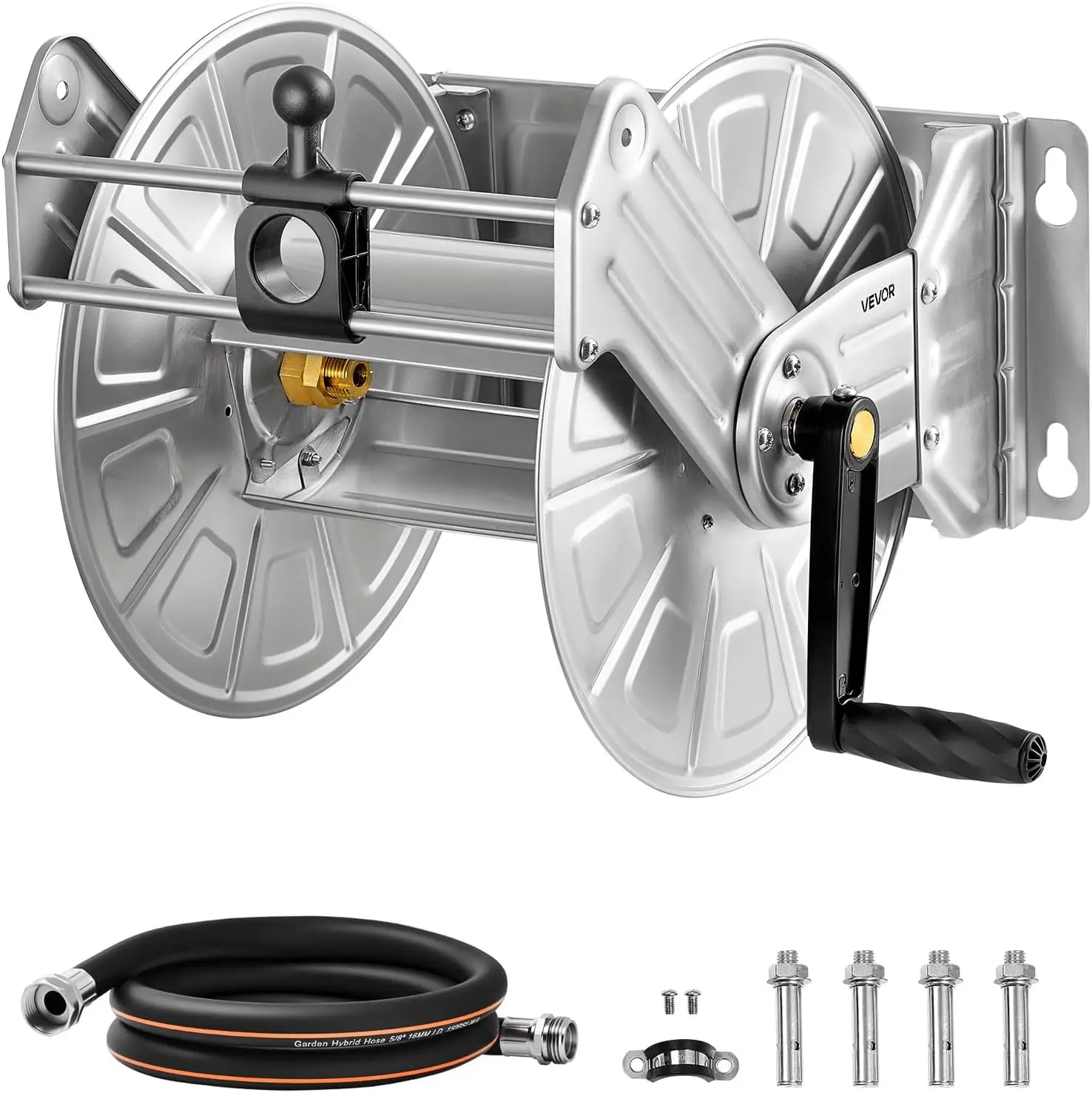 Wall Mounted Garden Hose Reel, Holds 150 ft 5/8-inch Water Hose Winder, Heavy-Duty Stainless Steel, Outdoor Manual Reel with Bra