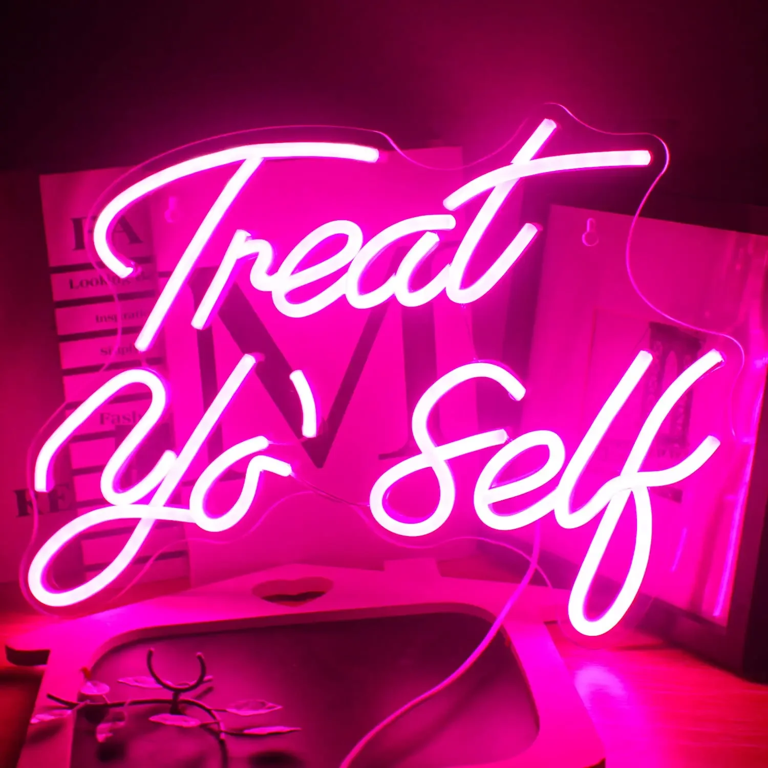 

Treat Yourself Neon Sign Pink Led Word, Light Up Letter Neon for Birthday Party Gifts, USB Neon Light Signs for Bedroom Home.