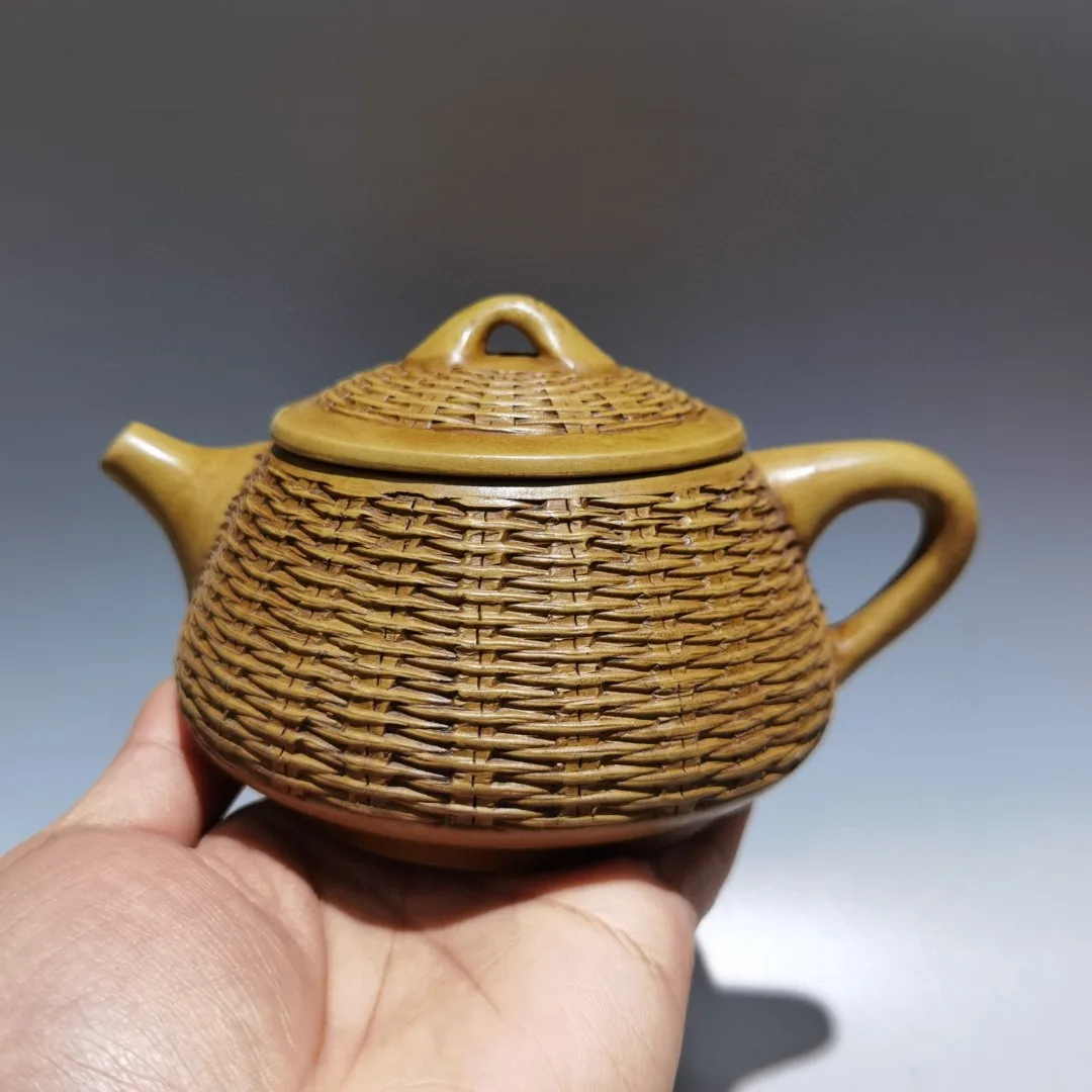 

6"Chinese Yixing Purple Clay Teapot Bamboo woven Bamboo shaped Teapot Kettle Teapot Flagon Amass wealth Town house
