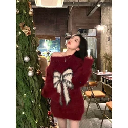 Red Bow Loose Sweater Women Autumn Winter O-neck Long Sleeve Warm Knitwear Fashion All-match Sweet Preppy Style Knitting Tops