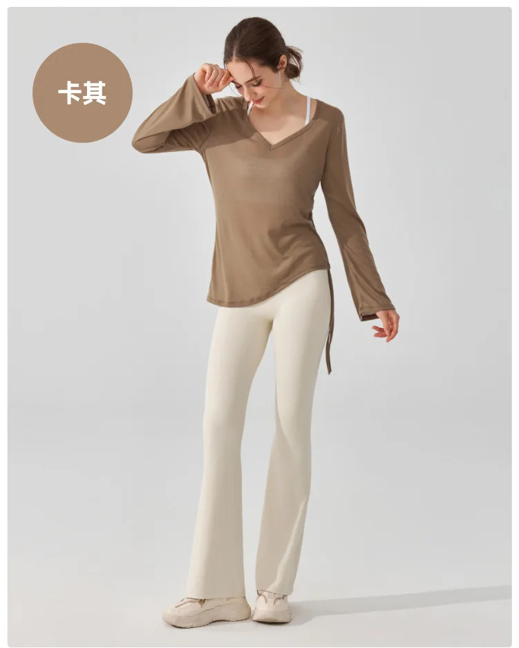 Sporttop mit Kordelzug und Falten für Damen, locker geschnitten, langärmelig, hüftbedeckend, unregelmäßiger Schnitt, geeignet für Pilates, Fitness und Yoga. – Detail 4