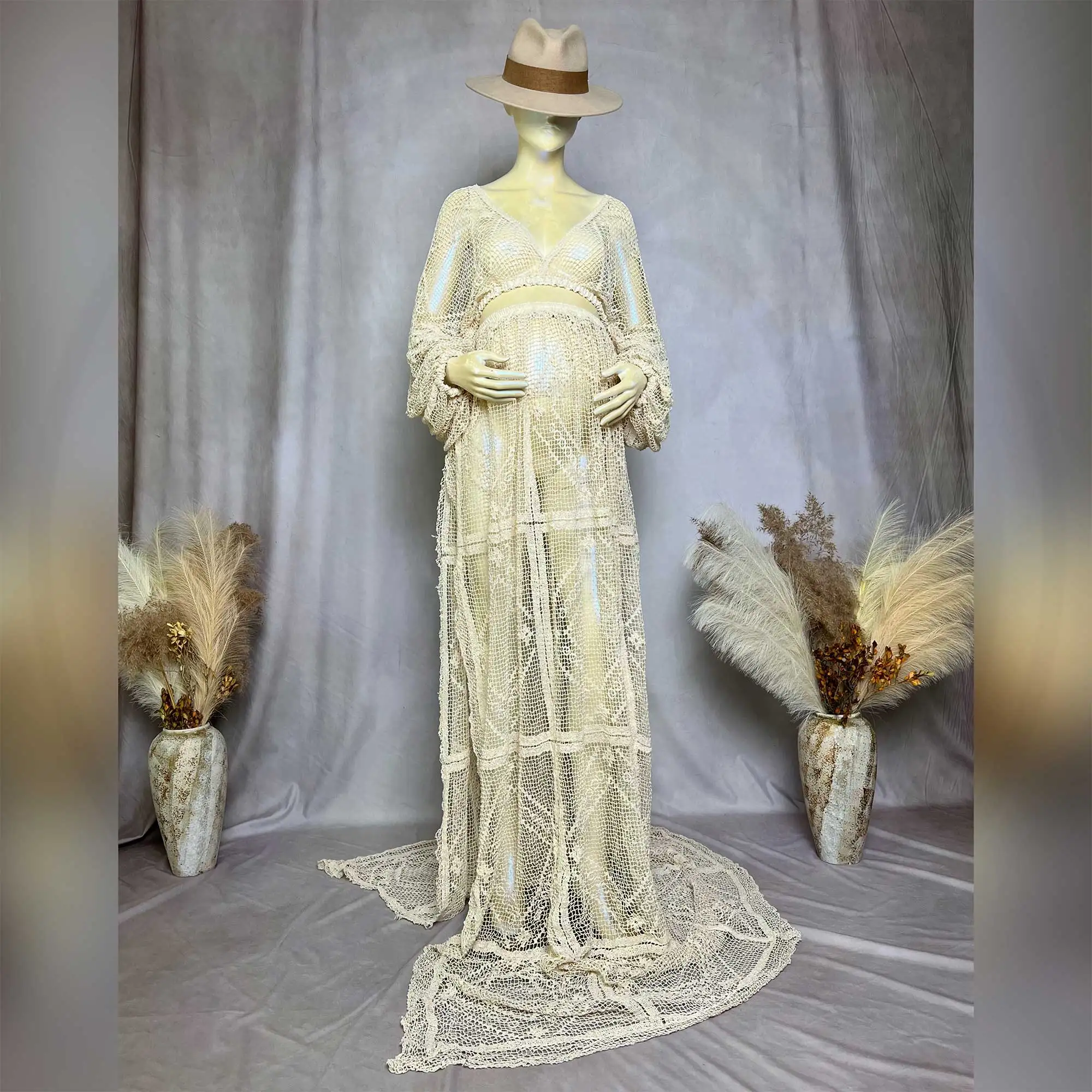 Don&Judy Vintage Boho Long-sleeved Hollow Out Set Maternity Dresses Cotton Baby Shower Dress Pregnancy Photo Shooting Outfit