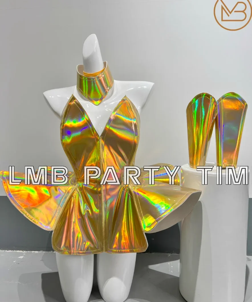 Mini vestido bolha laser azul manguito reflexivo traje de dança feminino bar boate sexy desempenho espaço futura tecnologia roupas