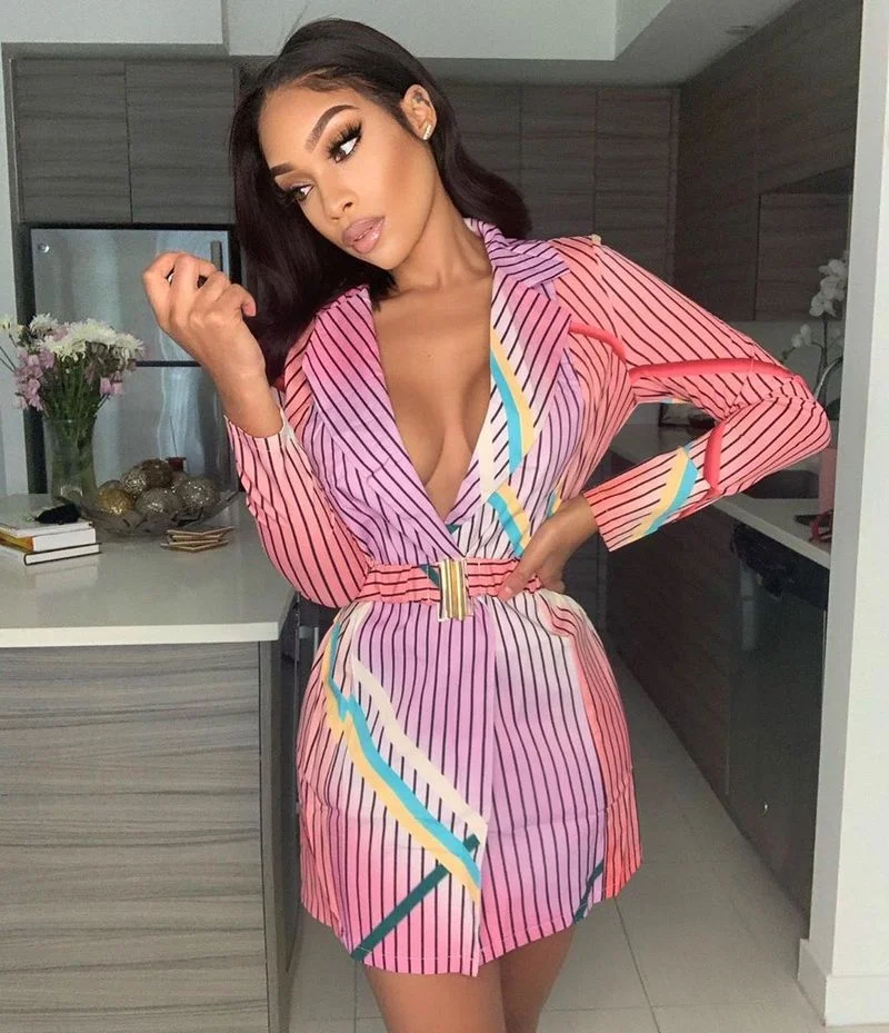 Indie Striped Multicolor Blazer Dress with Free Metal Buckle Belt Women Plus Size Mid-Length Dress Style Casual Office Blazer