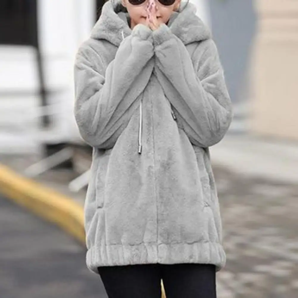 Abrigo elegante para mujer, chaqueta cálida de felpa con capucha y cierre de cremallera suave, abrigo holgado a prueba de viento para invierno para