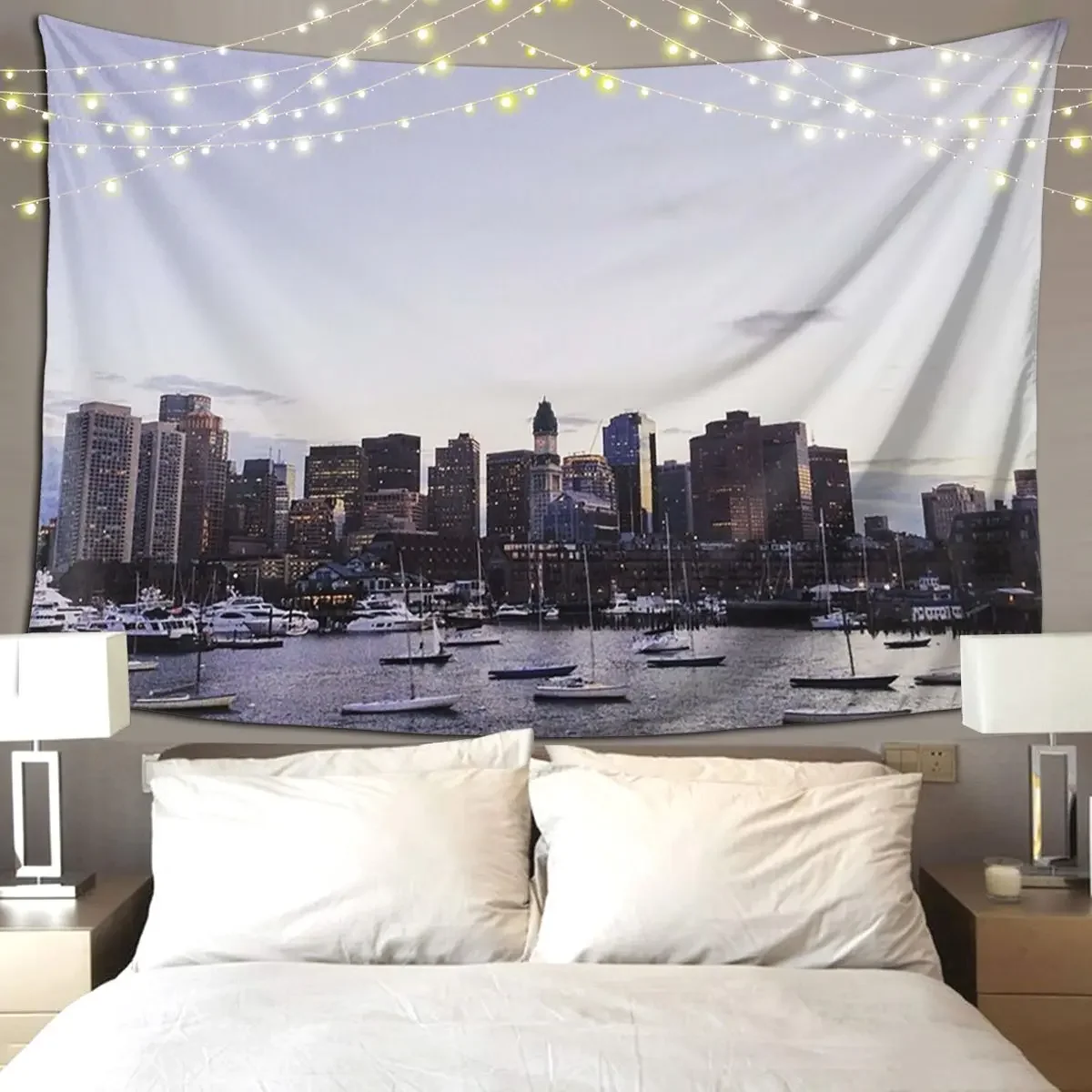 Boston Harbor At Twiligh Tapestry Hippie Wall Hanging Aesthetic Home Decoration Tapestries for Living Room Bedroom Dorm Room