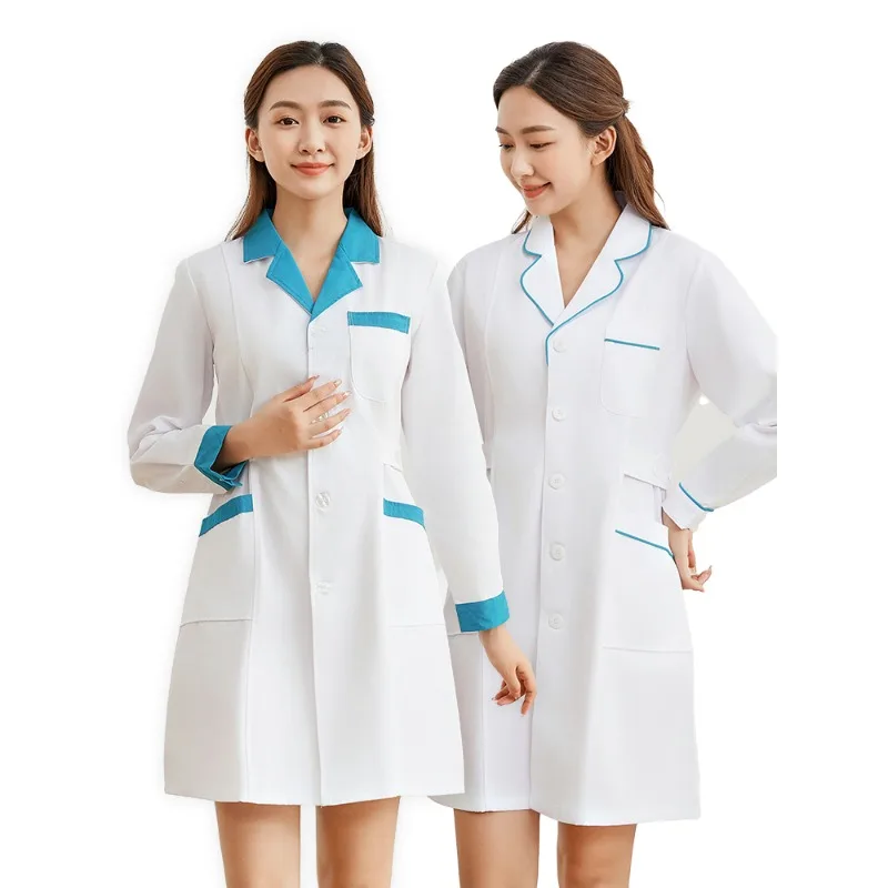 ملابس الصيدلة معطف أبيض طويل الأكمام القصيرة طبيب أنثى ممرضة صيدلية معطف أبيض طبي