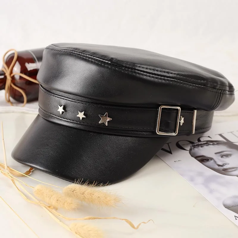 Designer Brand PU Belt Buckle Militray Hat Metal Pentagram Newsboy Caps Fashion Women Streetwear Flat Top Cap Navy Hat