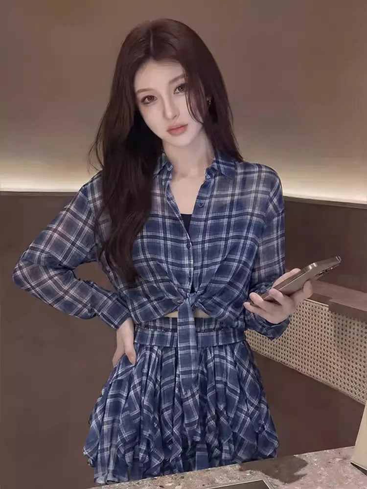 Retro Summer Outfit Thin Sun Protection Plaid Shirt Short Skirt Three Piece Set Breathable Polyester Long Sleeve A-Line Dress