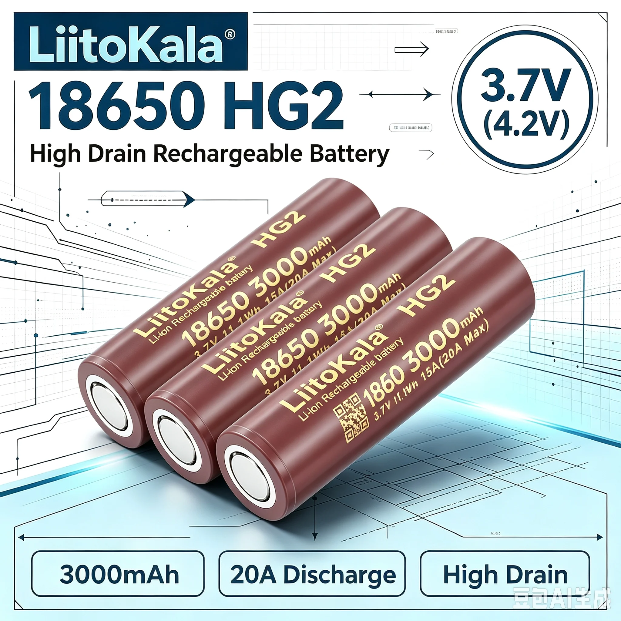LiitoKala 100% New HG2 18650 3000mAh Rechargeable Battery 18650HG2 3.6V Discharge 20A Max 35A Power Batteries