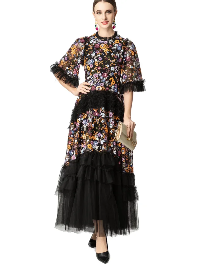 QMQA Fashion Women's Evening Dresses Round Neck Short Sleeve Spliced Embroidered Colorful Sequin Party Dress 2026 Summer QM1172