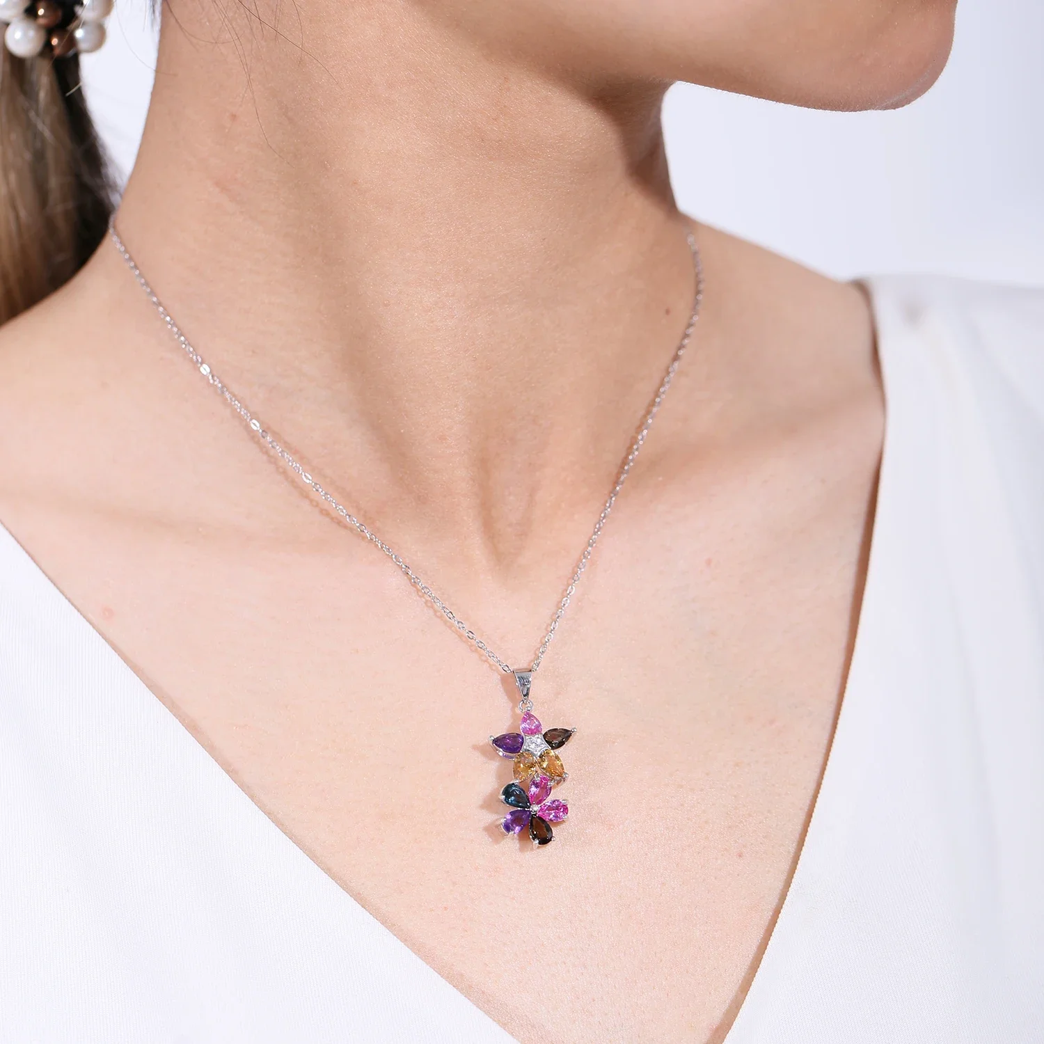 GEM'S BALLET 925 Sterling Silver Leaf Shaped Necklace Multicolor Citrine Amethyst Topaz Pendant Necklace Birthstone Jewelry