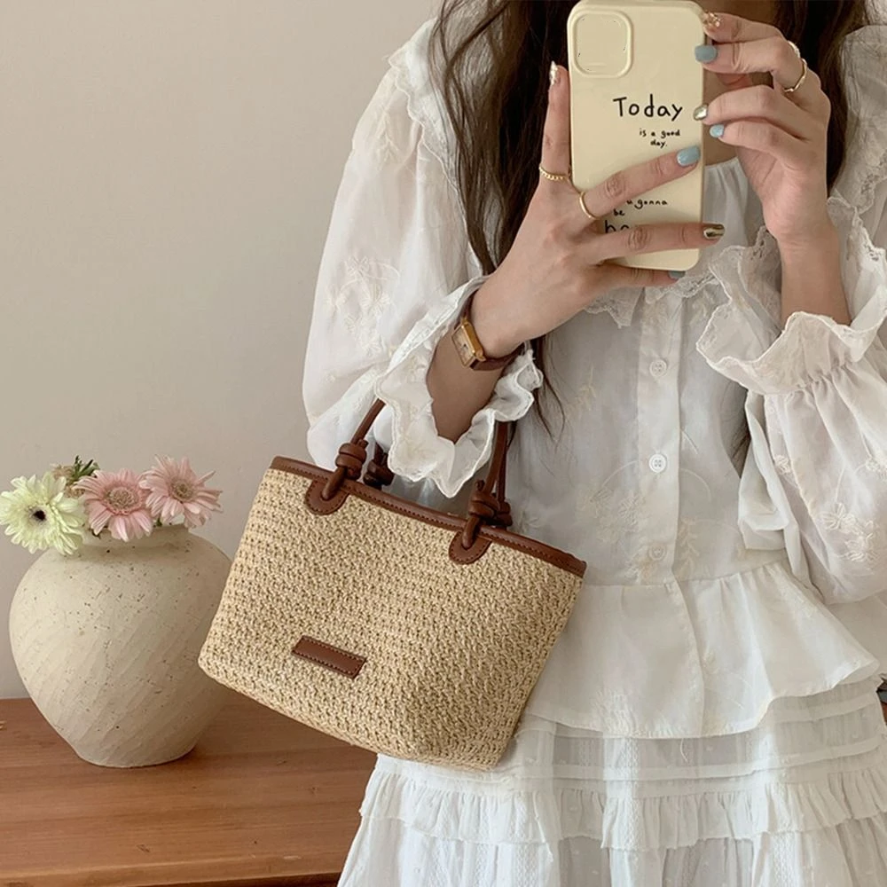 

Elegant Summer Weave Straw Bag Bohemian Vacation Beach Straw Bag Crossbody Leisure Women's Bucket Bag Handbag