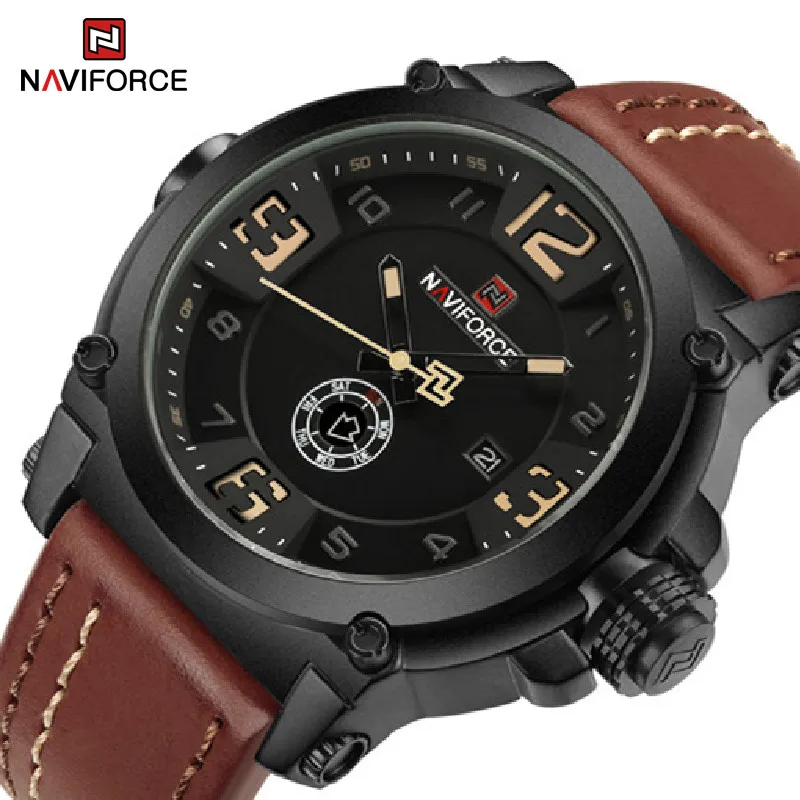 NAVIFORCE Top Luxury Men\'s Watches Sports Quartz Waterproof Wristwatch Male Date Display Clock Leather Band Casual Classic Watch