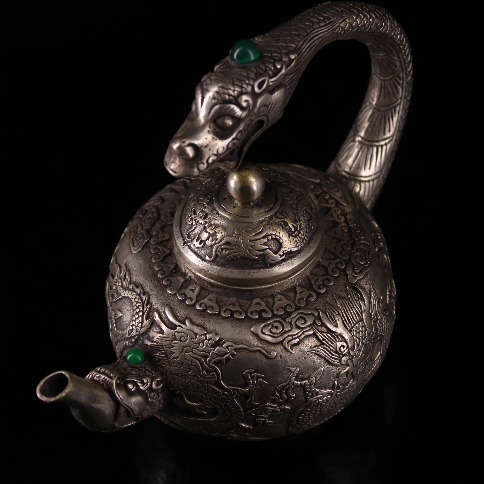 

7"Tibetan Temple Collection Old Bronze Gilded Silver Mosaic Gem Dragon handle Kettle Teapot Flagon Amass wealth Ornaments