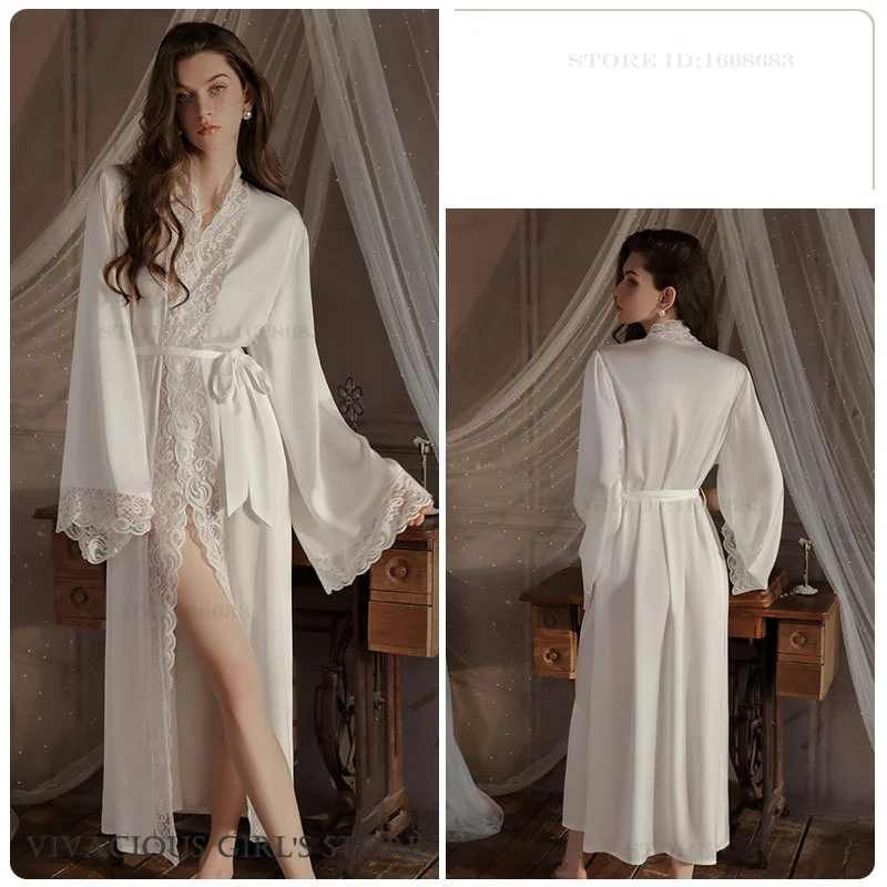 Bride Wedding Robe Dress White Ice Silk Satin Long Kimono Bathrobe Gown Sexy Lace Trim Nightgown Home Clothing Loose Loungewear