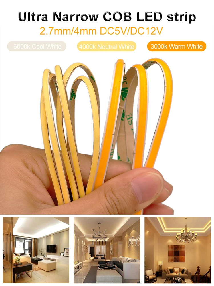 Bande COB Ultra étroite 2.7mm 4mm, Super fine, 480 diodes/m, lumière FOB Flexible haute densité 3000K 4000K 6000K, linéaire variable 5V 12V