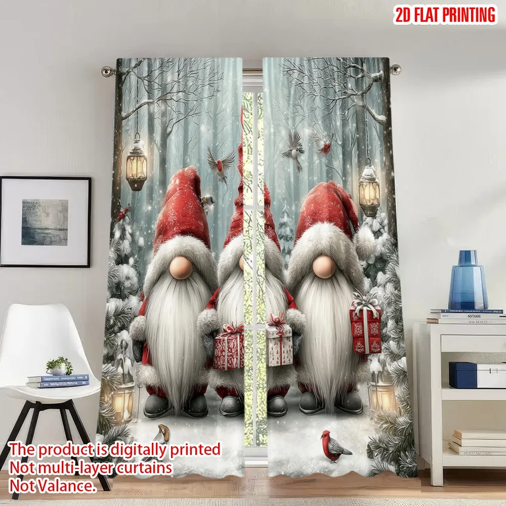 

2pcs 2D flat printing Happy Christmas Party Curtains Christmas Gnomes Forest Lanterns Digital Printed Polyester Drapes Holiday