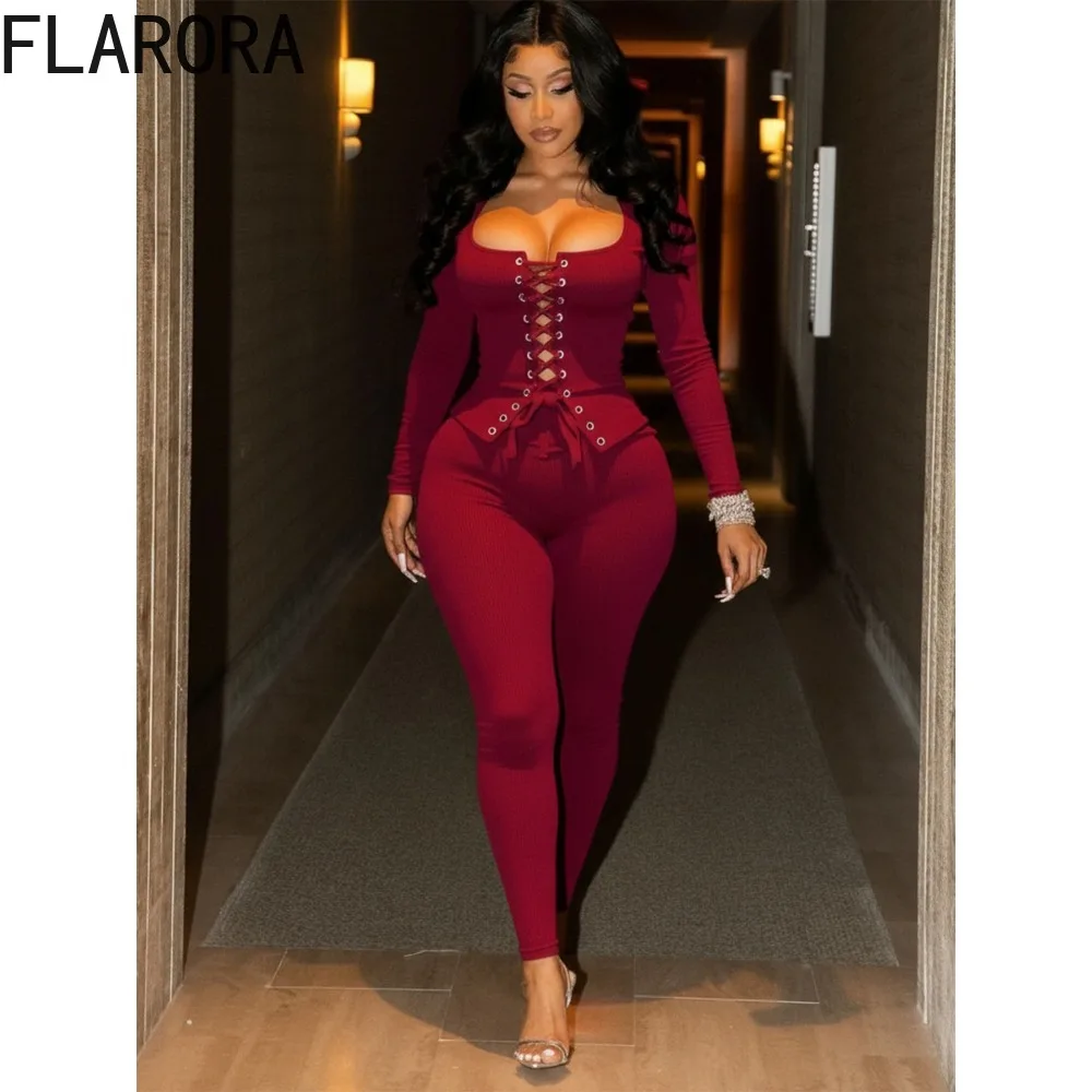 

FLARORA Elegant Bandage 2 Pcs Set Woman Solid Color Slim Fit Long Sleeve Tops And Skinny Pants Outfits Fashion Female Streetwear