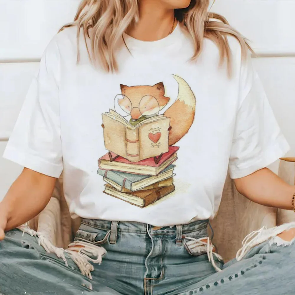Fox Reading Book Pattern Printed Fun and Cute O-Neck Top Cartoon Fashion Short Sleeve Printed Trendy Style Women's T-Shirt