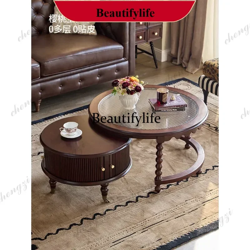 American retro round solid wood coffee table combination living room home French style d178