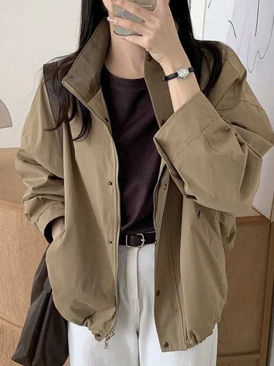 

Retro Korean Sle Loose Fit Zipper Collar Color Blo Women's Jaet Autumn Winter Unique Design ort Outerwear Top