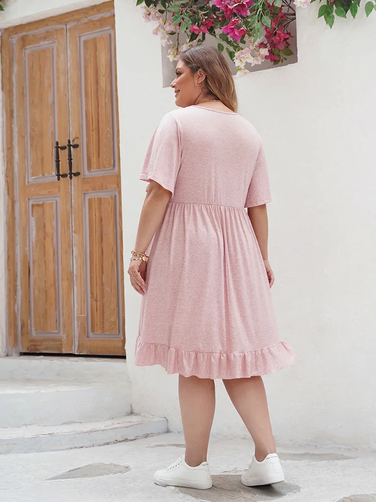 GIBSIE Plus Size Contrast Lace O-Neck Butterfly Sleeve Summer Dress Women 2024 Boho Tassel Casual Ruffle Hem Midi Dresses