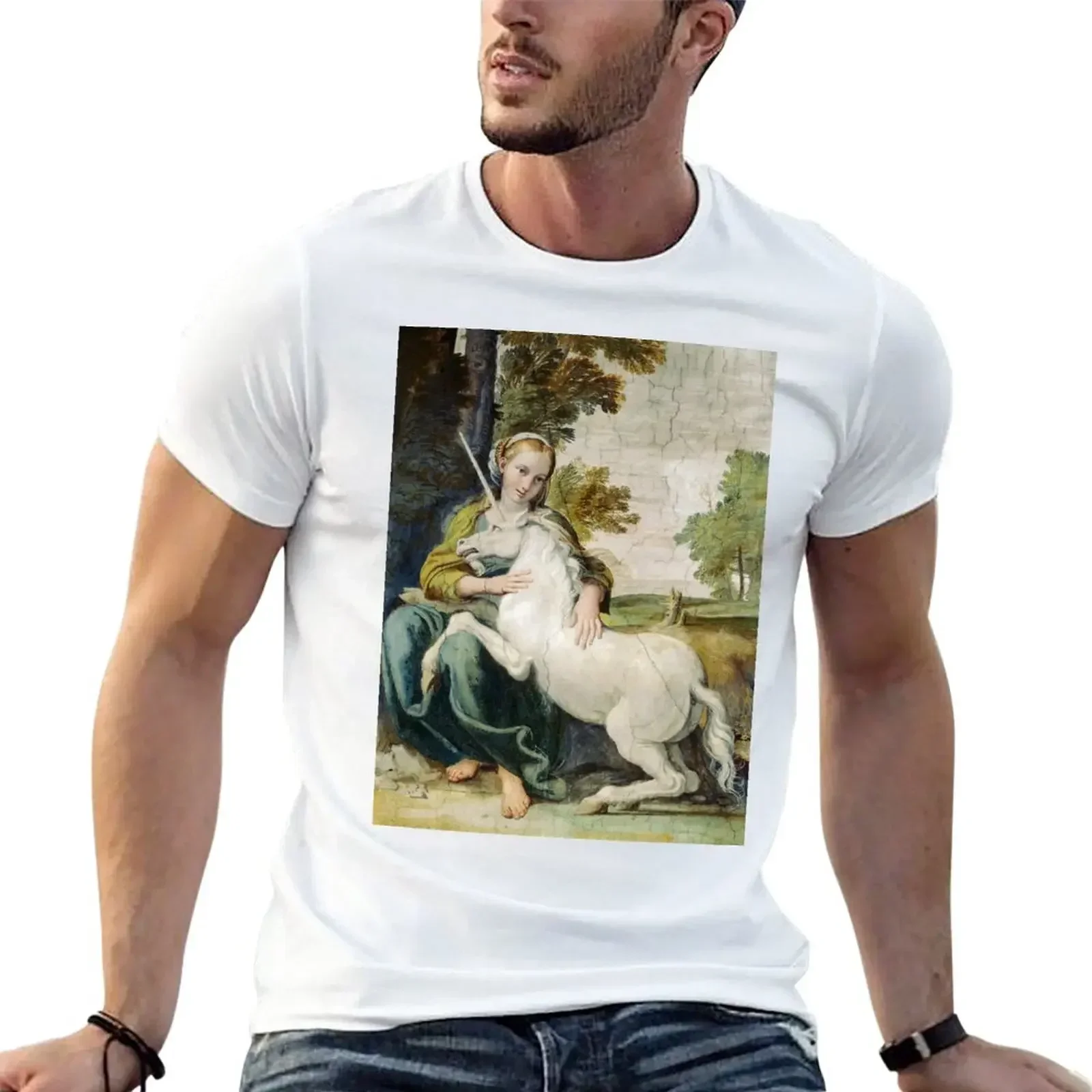 THE MAIDEN AND THE UNICORN IN LANDSCAPE T-Shirt anime clothes heavyweights hippie clothes funny t shirts for men