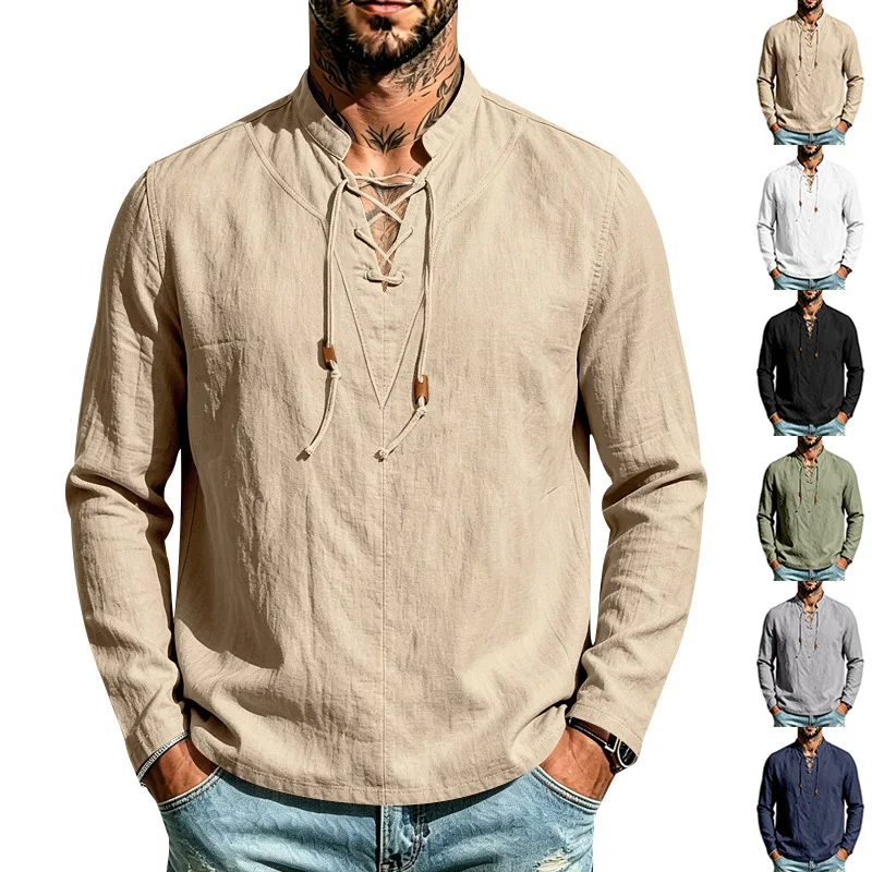 Spring and Autumn Men's Solid Color Retro Long Sleeve Linen Henry Loose Casual Beach Drawstring Stand-Up Collar Shirt