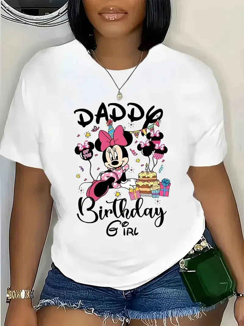 

2025 Disney Pattern Printed Women's Casual Comfortable Unique Smiling Face Black Round Neck Short Sleeve T-shirt