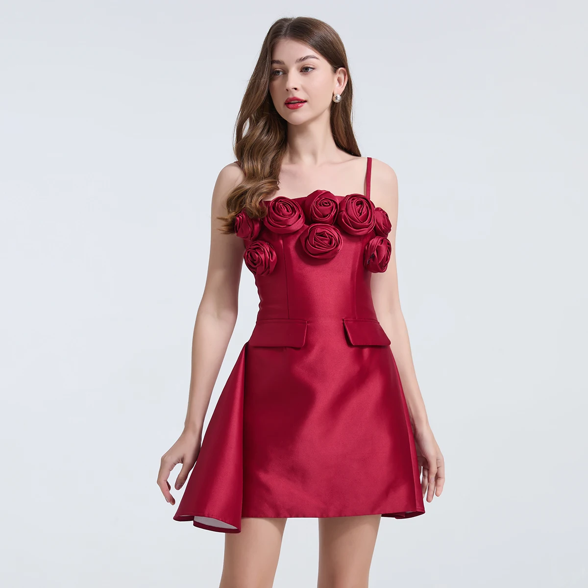 Robe d'été amincissante à fleurs tridimensionnelles, Design français, fait à la main, bretelles élégantes, jupe trapèze, mi-longue, industrie lourde