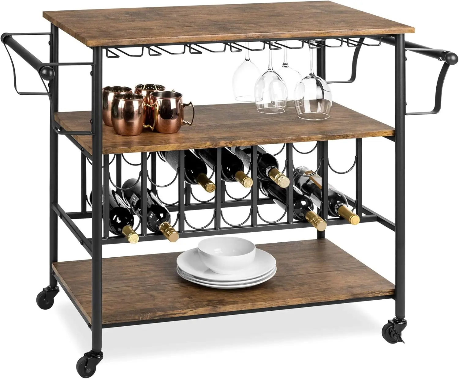 45in Industrial Wood Shelf Bar & Wine Storage Service Cart Trolley w/ 14 Bottle & 18 Glass Racks, Locking Caster Wheels