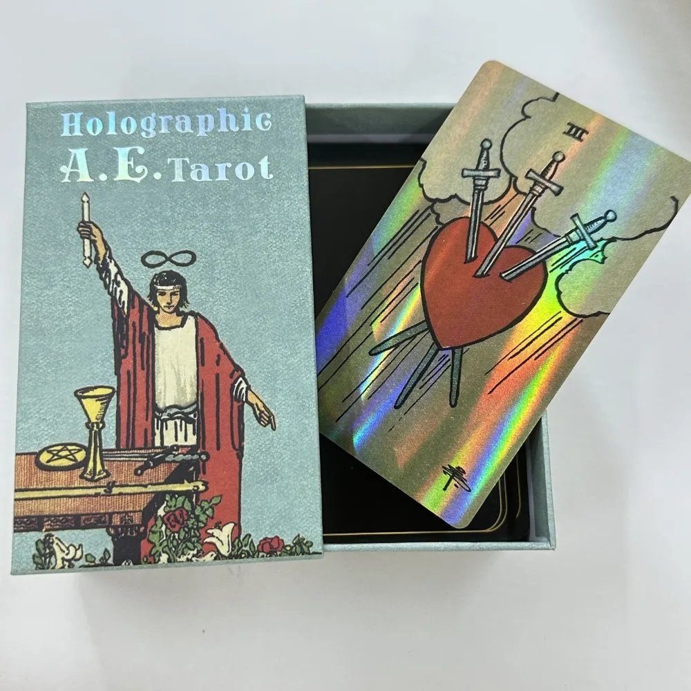 Holographique A.E., 12x7cm Paquet de 78 cartes de tarot avec guide et poudres Wstring de proximité, coffret cadeau coulissant et rigide