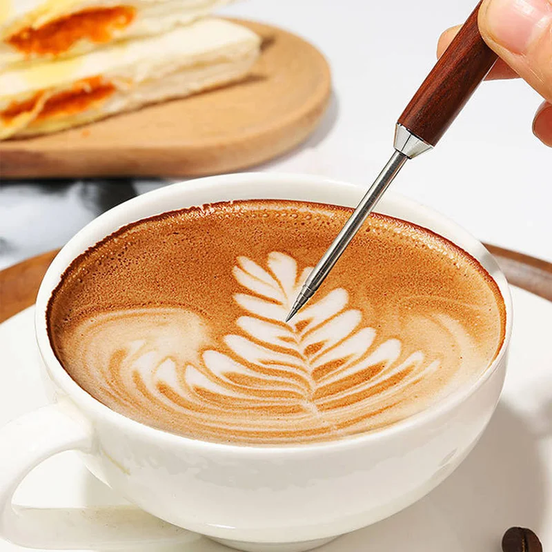 Aguja de café de flores con mango de madera, pluma de acero inoxidable, agujas de arte expreso de capuchino, accesorios de café Barista