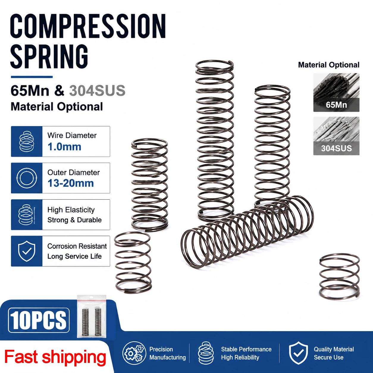 

10pcs high elasticity shock absorber spring 304SUS/65MN WD1.0mm OD13-20mm Length10-100mm buffer compression spring