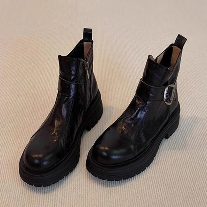 Women Flats Platform Ankle Boots Buckle Side Zipper Shoes Trend Short Boots 2026 Winter Leather Shoes Casual for Ladies Zapatos