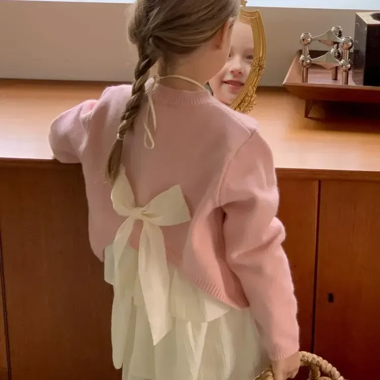 

Girls Bow Knitted Cardigan Spring and Autumn New Korean Style Baby Sweater Jacket Children's Top Wool